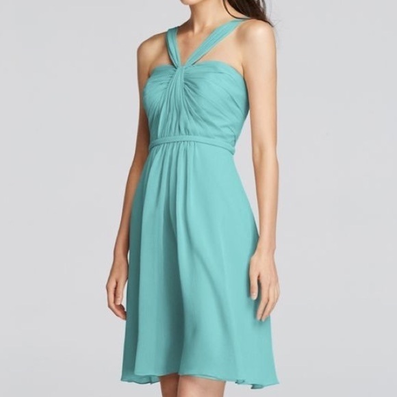 David’s Bridal Y-Neck Ruched Bodice Short Dress 4 - Picture 1 of 14